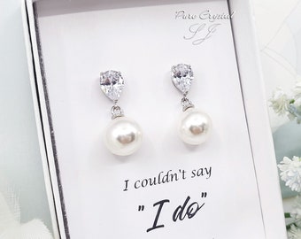 Simple  Crystal with 10mm Creamy Pearl 925 SILVER POST Bridesmaid Earrings, Bridesmaid Earrings Gift,