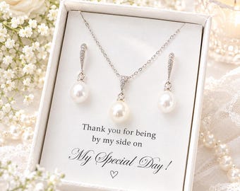 Bridesmaid Pearl Jewelry Set, Pearl Drop Necklace Earrings, Bridesmaid Gift Set, Wedding Day Jewelry