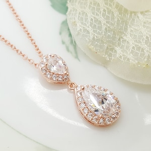 Double Teardrop Halo Necklace – Rose Gold Bridal Pendant with Cubic Zirconia Sparkle