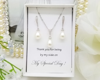 Bridesmaid Pearl Jewelry Set, Pearl Drop Earrings Necklace, Thank You Bridesmaid Gift Box, Wedding Party Jewelry, Bridal Shower Gift,