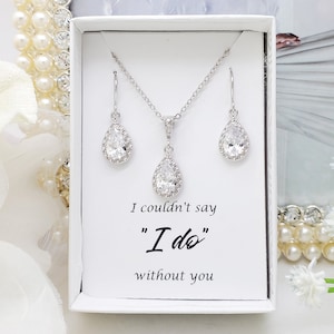 Pendientes, collar y juego de pendientes de circonita cúbica con forma de lágrima para dama de honor, de plata, para boda