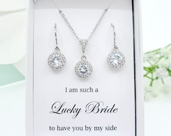 Bridesmaid Jewelry Set, CZ Crystal Dangle Earrings Necklace Set, Bridesmaid Gift, Wedding Jewelry Set, Bridal Jewelry, Maid of Honor Gift