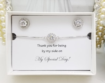 SILVER Flat halo Post Earrings and Bracelet Set ,Wedding Bridesmaid Jewelry Bridal Party set Gift