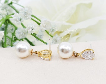 Simple  Crystal with 10mm Creamy Pearl 925 SILVER POST, Gold Bridesmaid Earrings, Bridesmaid Earrings Gift,