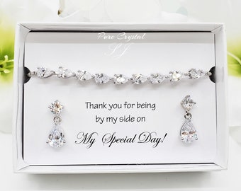 Silver Small Teardrop Design 925 SIlver Post Earrings , with and Bracelet Set, Adjustable Cubic Zirconia  Message Gift Box