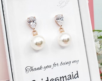 Simple  Crystal with 10mm Creamy Pearl 925 SILVER POST,Rose Gold Bridesmaid Earrings, Bridesmaid Earrings Gift,