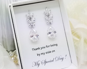 Teardrop Leaf Cubic Zirconia Bridesmaid Jewelry, Bridal Earrings, Dangle Wedding Earring for Brides   Earrings  Gift Box