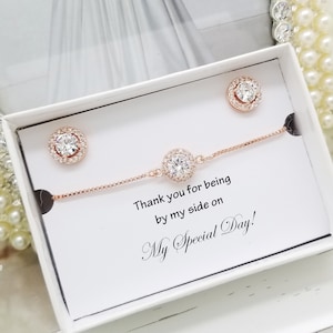 Rose Gold Flache Halo Ohrringe und Armband Set, Brautjungfer Vorschlag Geschenk Kristall Armband Sentimental Schmuck mit Karte Hochzeitsfeier