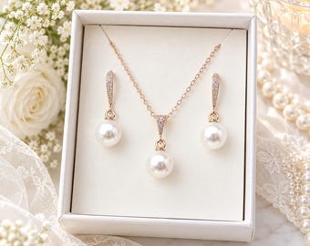 Set di gioielli da damigella d'onore in oro rosa e perle: collana pendente e orecchini