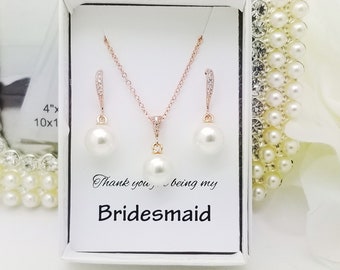 Rose Gold Pearl dangle Bridesmaid Necklace Earrings 10 mm Set ,Bridesmaid Jewelry Set Gift,