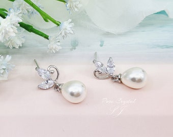 925 Silver Post, Cute Leaves with dangle Teardrop Pearl Bridesmaid Earrings Gift