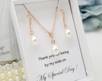 Rose Gold Teardrop Pearl dangle Bridesmaid Necklace Earrings Set ,Wedding Bridesmaid Jewelry Set Gift,Rose