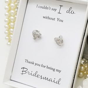Silver Tie the Knot Earrings with Cubic Zirconia Bridemaid message Gift box image 1