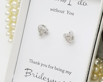 Silver Tie the Knot Earrings with Cubic Zirconia Bridemaid message Gift box