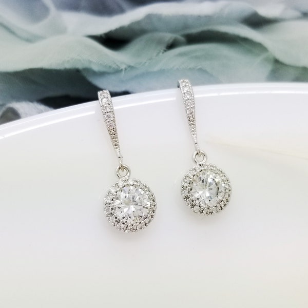 Wedding Round Halo Cubic Zirconia with Crystal ear wire dangle earrings , bridesmaid Earrings Gift
