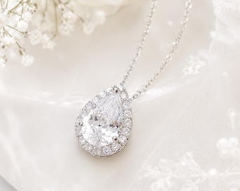 Bridesmaid Gift Necklace, Teardrop Jewelry for Bridesmaid, Wedding Party Proposal, Silver Pear Pendant