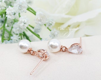Simple  Crystal with 8mm Creamy Pearl 925 SILVER POST Rose Gold Bridesmaid Earrings, Bridesmaid Earrings Gift,