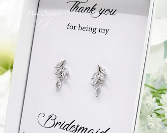 Dainty Leaves dangle with Cubic Zirconia Bridesmaid Earrings Wedding jewelry giftGift