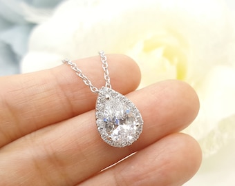 Wedding Teardrop SILVER Bridesmaid Cubic Zirconia Necklace, Bridesmaid Necklace Gift