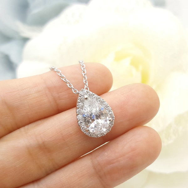 Wedding Teardrop SILVER Bridesmaid Cubic Zirconia Necklace, Bridesmaid Necklace Gift