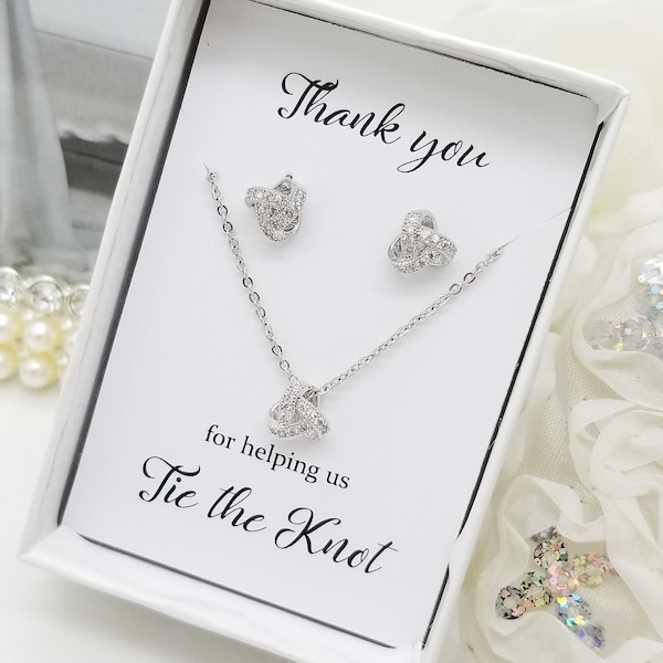 Tie the Knot Earrings with Cubic Zirconia and Necklace SILVER SET, Bridesmaid jewelry set gift