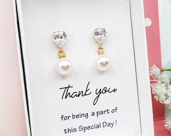 Simple  Crystal with 8mm Creamy Pearl 925 SILVER POST Gold Bridesmaid Earrings, Bridesmaid Earrings Gift,