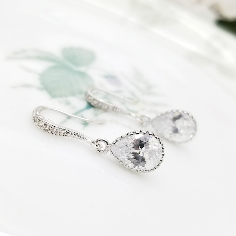 Bridesmaid Earrings Gift Crystal Dangle Teardrop Silver Earrings