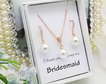 Rose Gold Pearl Bridesmaid Jewelry Set: Dangle Necklace and Earrings