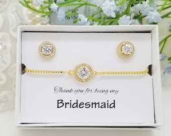 Gold Halo Cubic Zirconia Bracelet and Earrings: Bridesmaid Jewelry Set