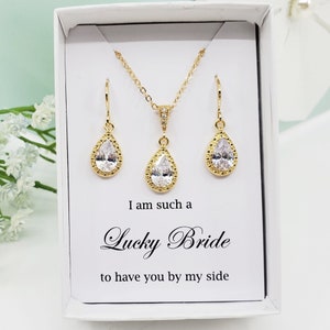 Pendientes de boda con forma de lágrima para dama de honor, collar y juego de oro. Regalo de pendientes para dama de honor