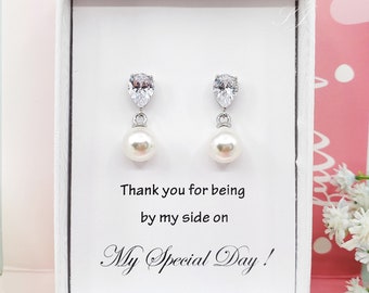 Simple  Crystal with 8mm Creamy Pearl 925 SILVER POST Bridesmaid Earrings, Bridesmaid Earrings Gift,