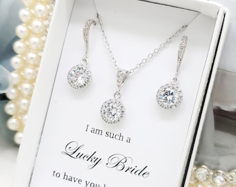 Elegant  Round Cubic Zirconia with Crystal ear wire dangle earrings and Necklace Set , bridesmaid Jewelry set Gift