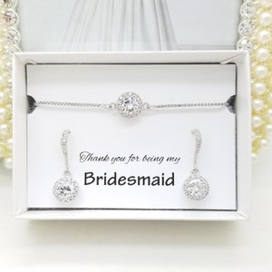 Bridesmaid Jewelry Gift Set – Halo CZ Bracelet & Earrings Thank You Gift Boxed