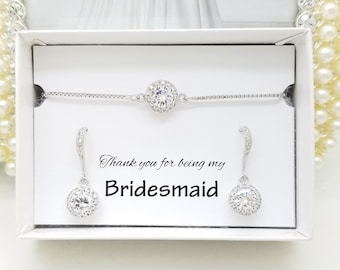 Bridesmaid Jewelry Gift Set – Halo CZ Bracelet & Earrings Thank You Gift Boxed