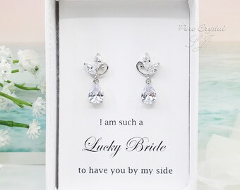 925 Silver Post, Cute Leaves with dangle Teardrop CZ Bridesmaid Earrings Gift