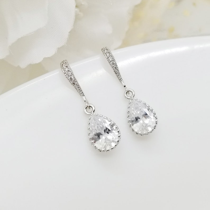 Bridesmaid Earrings Gift Crystal Dangle Teardrop Silver Earrings
