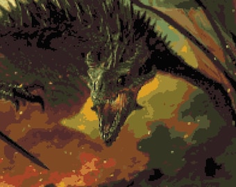 Ancient Conflict:  Dragon Battle Fantasy Inspired Cross-stitch Pattern, Pixel Art Image, Perler Bead Work Design