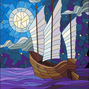 Moonlight Voyage:  Fantasy Sailing Vessel - Stain Glass Window Inspired Cross-stitch Pattern, Pixel Art Image, Perler Bead Work Design