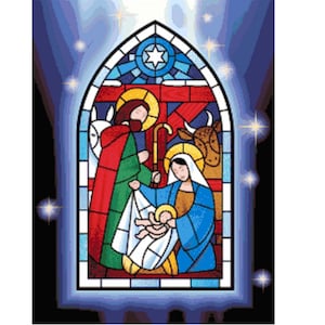 Birth of Christ Cross Stitch Pattern: Christian Stain Glass Window Pixel Art Image, Jesus, Mary, Joseph, Cross-stitch PDF Download, Pattern