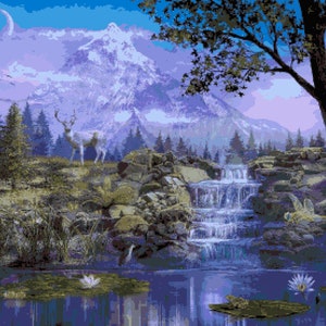 Mountain Waterfall Counted Cross Stitch: Beautiful Fantasy Cross-stitch Nature, Wildlife Mountains Pixel Art Image Perler Bead Work Design