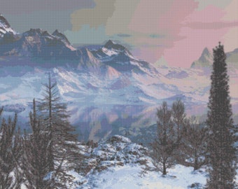 Vintage Landscape Oil Painting of a Winter Mountain Scene in