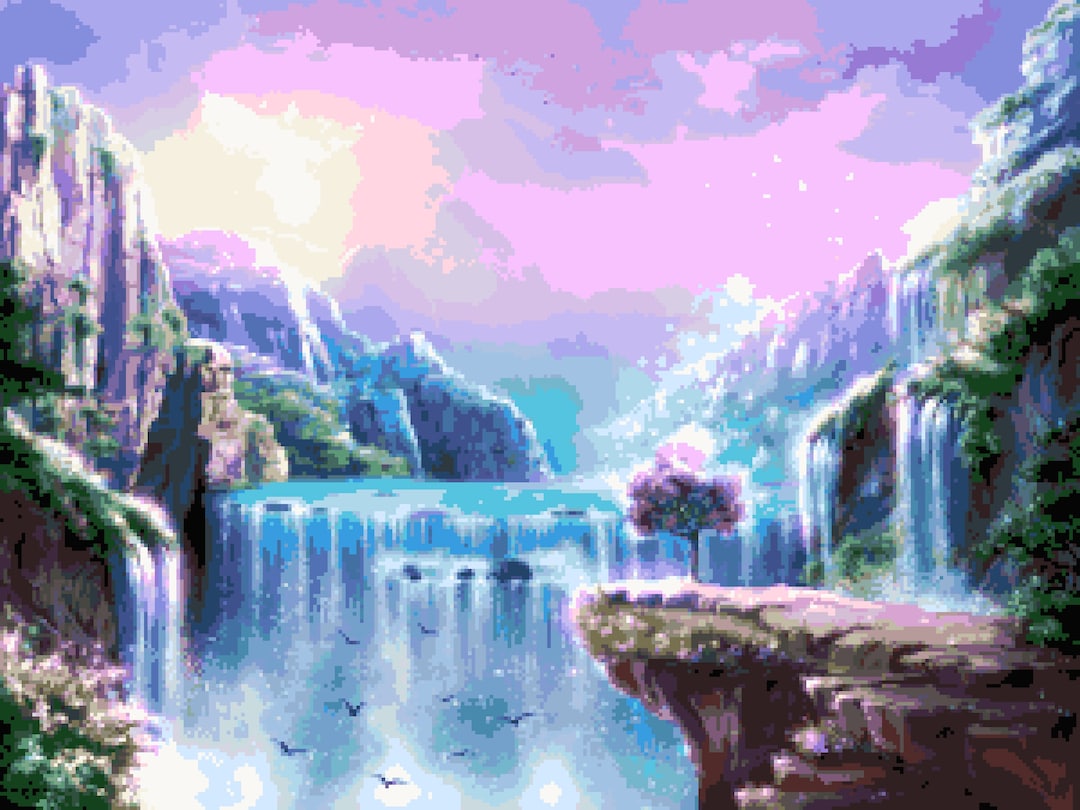 Fantasy Waterfall Cross Stitch Pattern: Colorful Blue Waterfalls