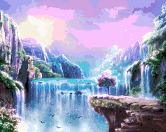 ファンタジー滝のクロスステッチパターン：カラフルな青い滝の