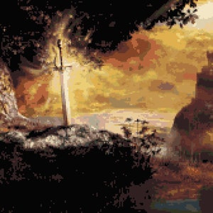 May include: Pixelated digital art of a fantasy landscape. A large sword is embedded in a rocky mound, with a castle on a distant hill. The sky is a mix of orange and yellow, with dark shadows in the foreground.