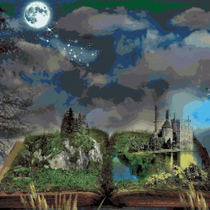 Reader's Realm: Geschichtenerzähler Magische Vision Kreuzstichmuster Fantasy Dream Book Scene, Pixel Art Image, Perler Bead Work Design