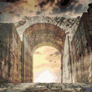 May include: An illustration of an ancient stone archway with a bright sky visible through the opening. The archway is constructed of weathered stone blocks, and the sky is filled with clouds.