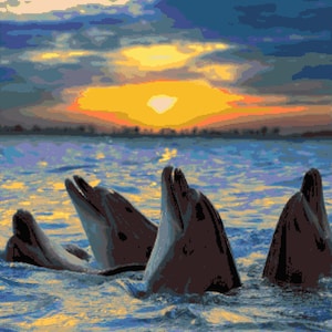 Dolphin Chorus at Sunset: Ocean Creatures Inspired Cross-stitch Pattern, Pixel Art Image, Perler Bead Work Design