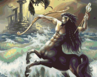 Centaur at Stormy Night: Magical Creature Fantasy Inspired Cross-stitch Pattern, Pixel Art Image, Perler Bead Work Design