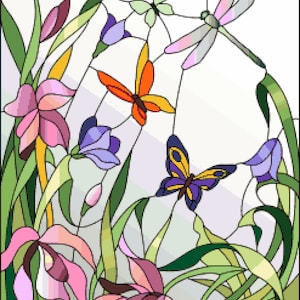 Spring Butterflies Cross Stitch Pattern: Scenic Stain Glass Window Pixel Art Image,Purple, Pink Flowers, Cross-stitch PDF Download, Pattern