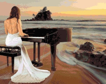 Playing at the Beach Counted Cross Stitch: Pianist Beach Scene Cross-stitch Musician Ocean Waves Pixel Art Image Perler Bead Work Design